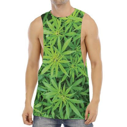 Green Pot Leaf Print Men's Muscle Tank Top