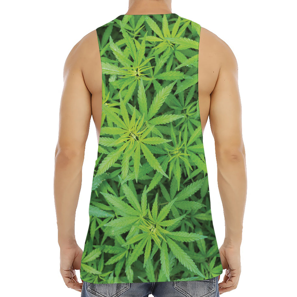 Green Pot Leaf Print Men's Muscle Tank Top
