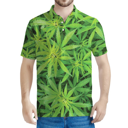 Green Pot Leaf Print Men's Polo Shirt