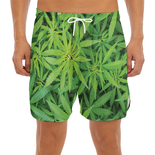 Green Pot Leaf Print Men's Split Running Shorts