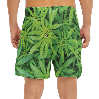 Green Pot Leaf Print Men's Split Running Shorts