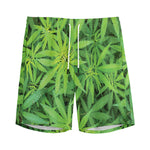 Green Pot Leaf Print Men's Sports Shorts