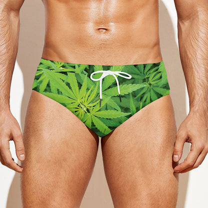 Green Pot Leaf Print Men's Swim Briefs