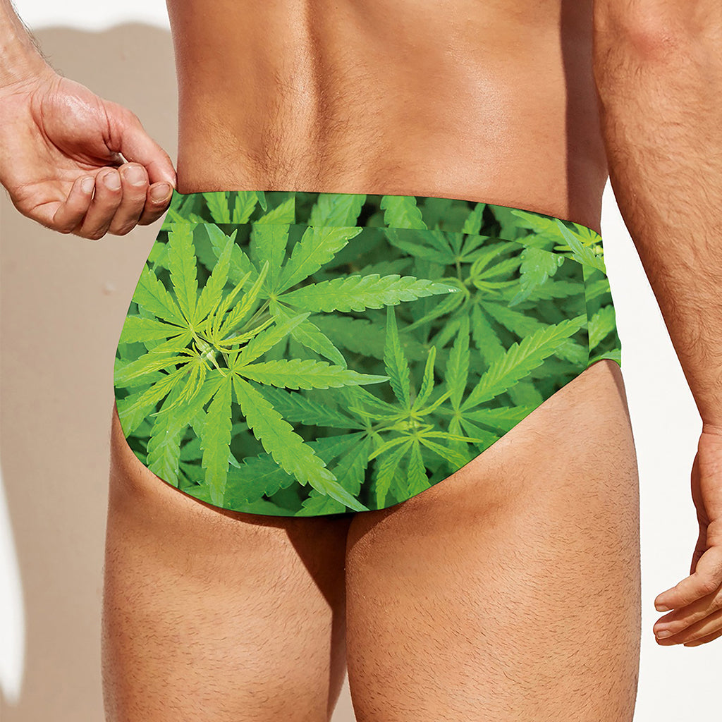 Green Pot Leaf Print Men's Swim Briefs