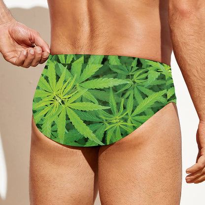 Green Pot Leaf Print Men's Swim Briefs