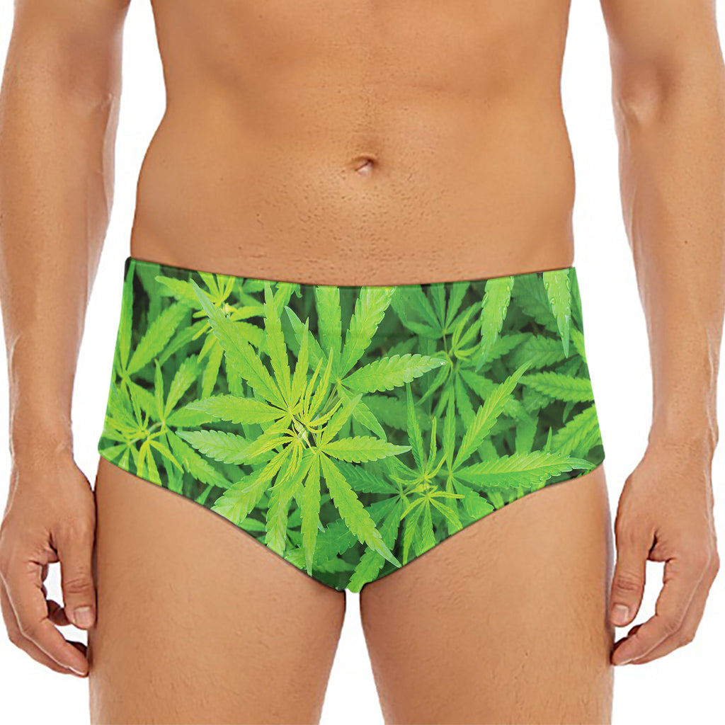 Green Pot Leaf Print Men's Triangle Swim Briefs