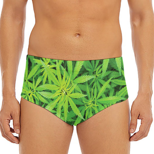 Green Pot Leaf Print Men's Triangle Swim Briefs