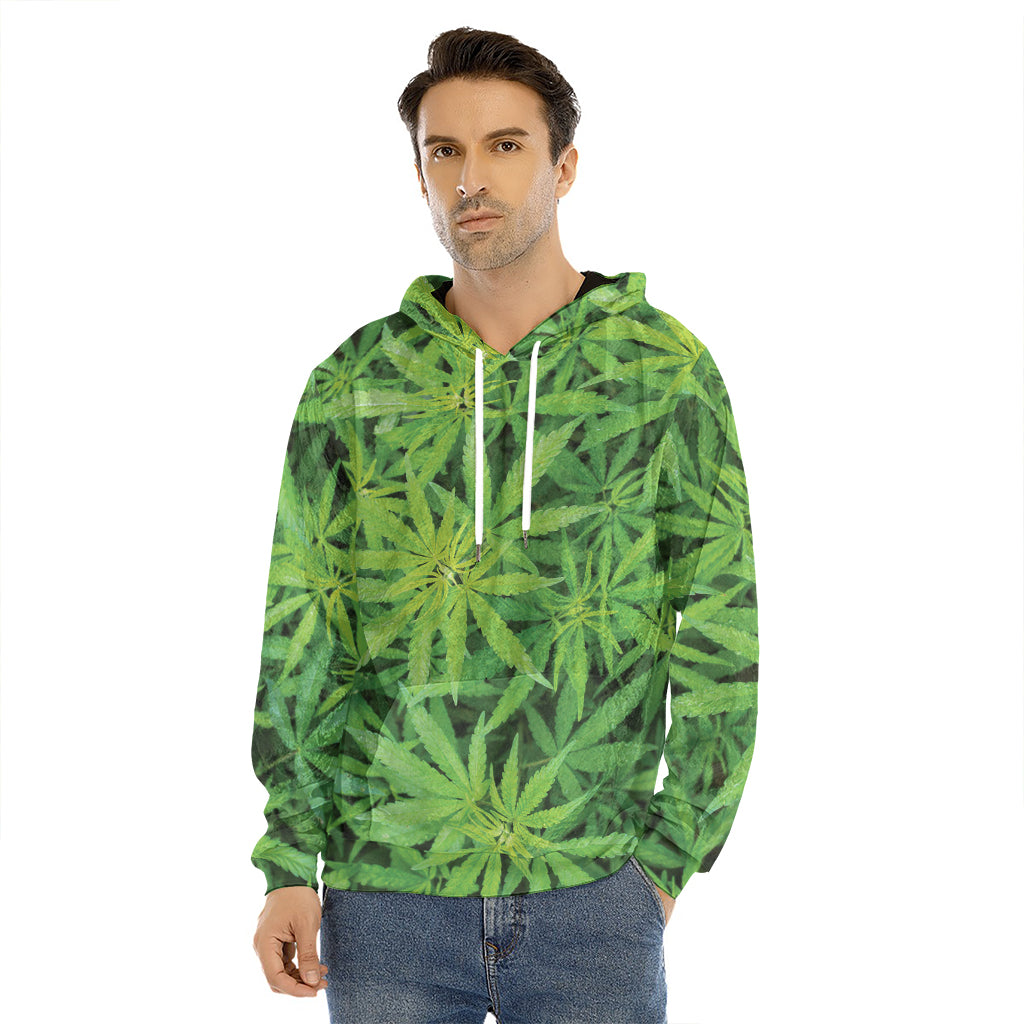 Green Pot Leaf Print Men's Velvet Pullover Hoodie