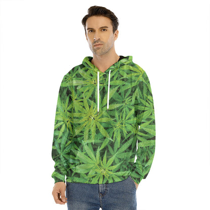 Green Pot Leaf Print Men's Velvet Pullover Hoodie