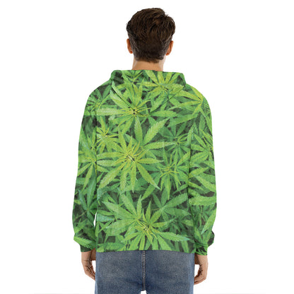 Green Pot Leaf Print Men's Velvet Pullover Hoodie