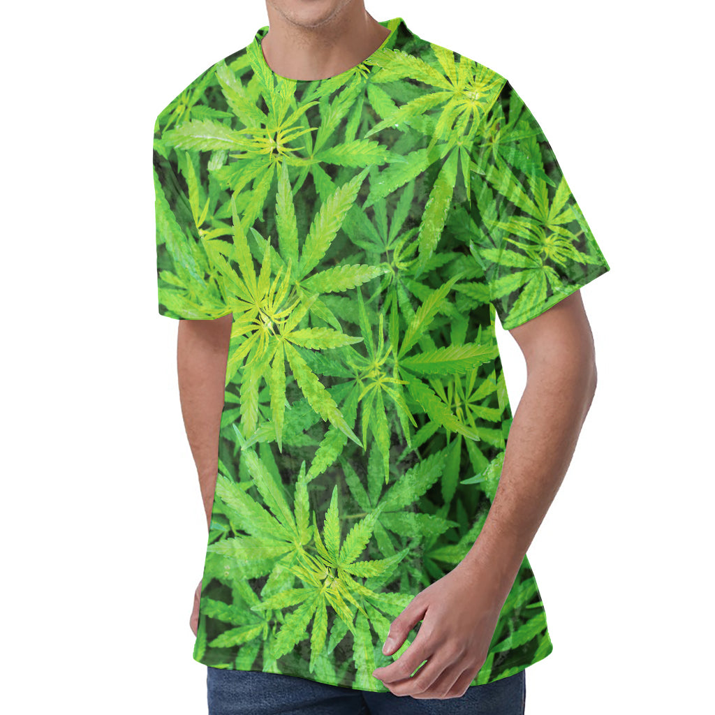 Green Pot Leaf Print Men's Velvet T-Shirt