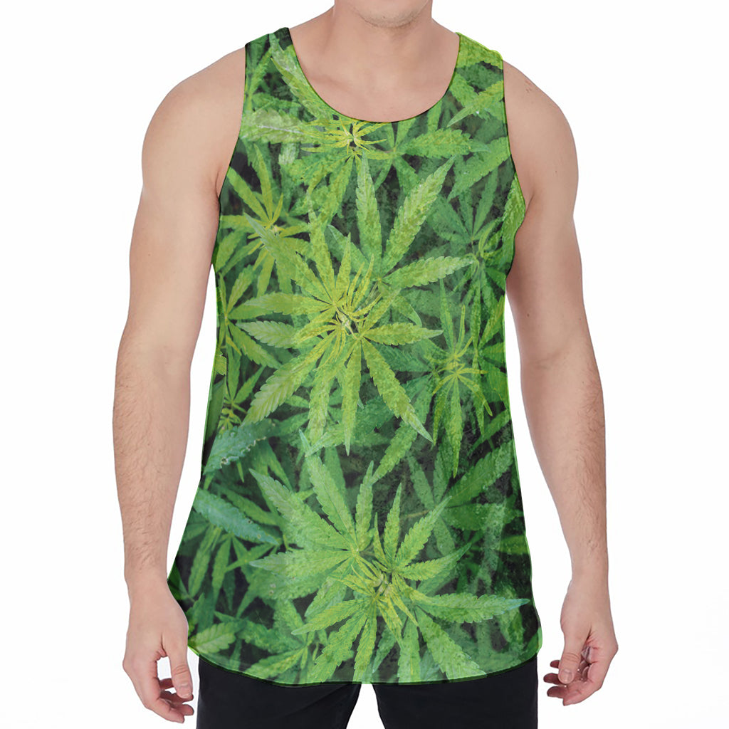 Green Pot Leaf Print Men's Velvet Tank Top
