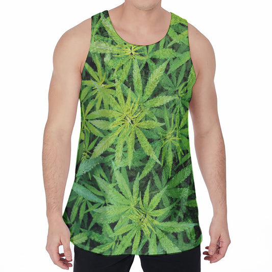 Green Pot Leaf Print Men's Velvet Tank Top