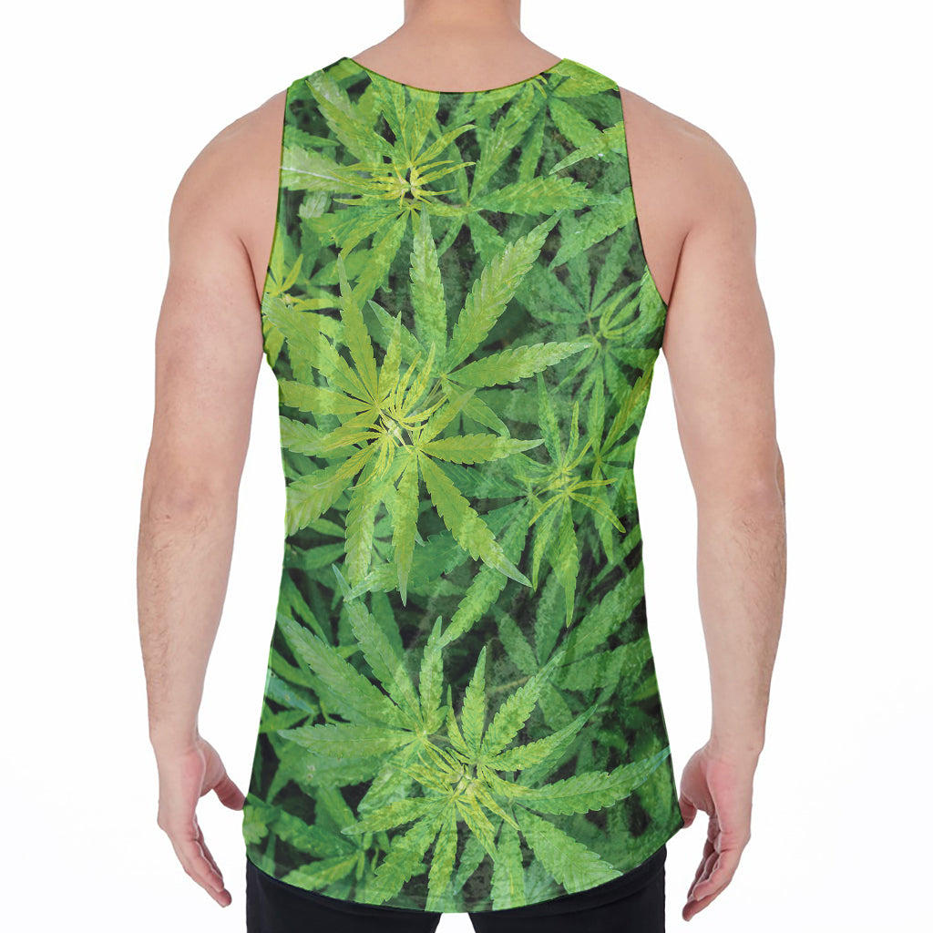 Green Pot Leaf Print Men's Velvet Tank Top