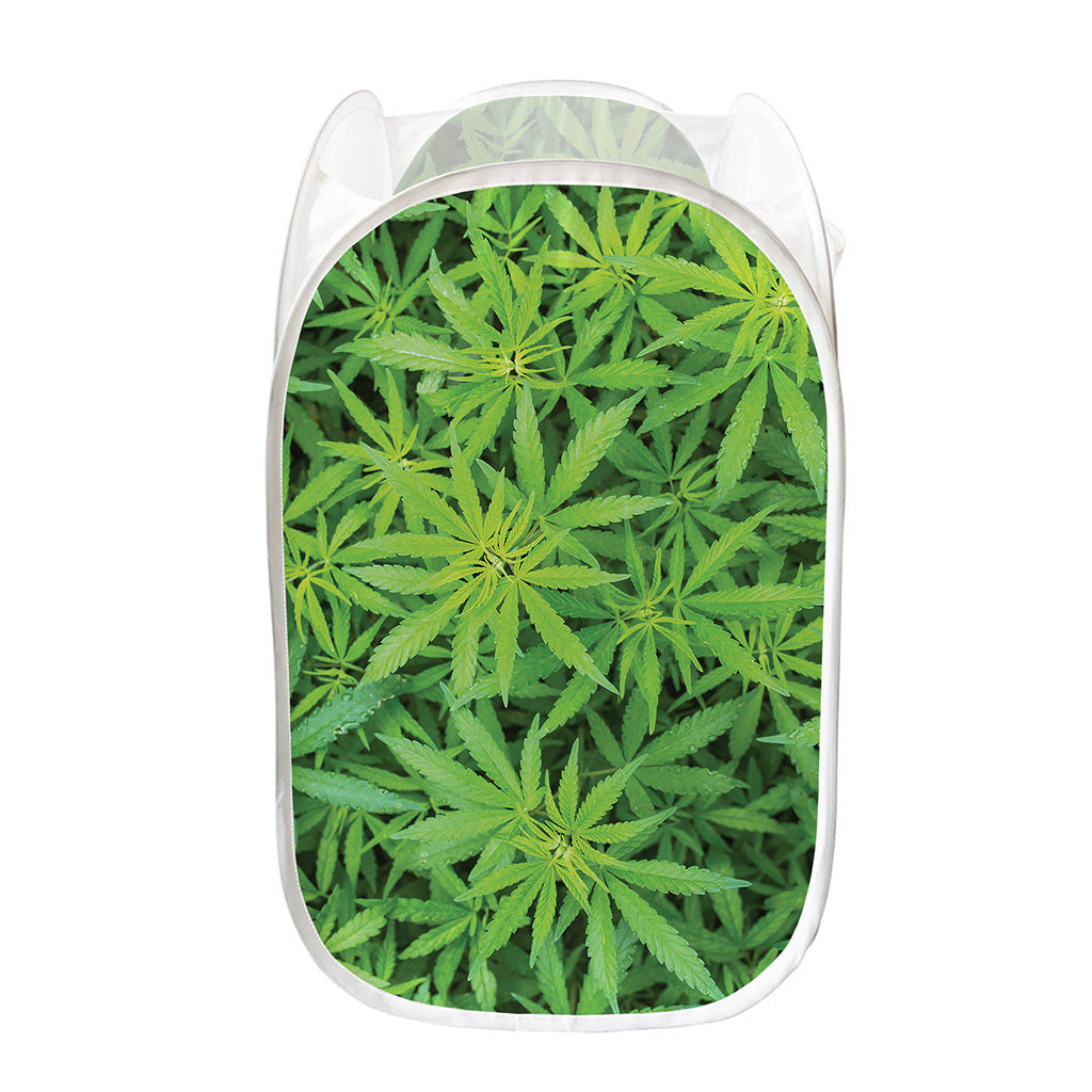 Green Pot Leaf Print Mesh Laundry Hamper