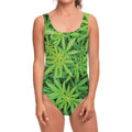 Green Pot Leaf Print One Piece Swimsuit