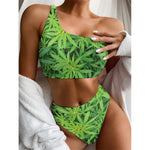Green Pot Leaf Print One Shoulder Bikini Top