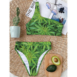 Green Pot Leaf Print One Shoulder Bikini Top