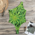 Green Pot Leaf Print One Shoulder Bodysuit