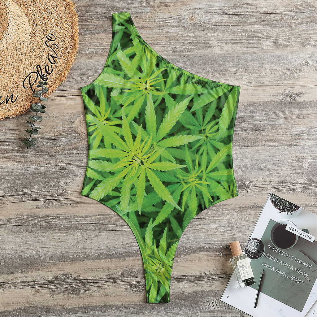 Green Pot Leaf Print One Shoulder Bodysuit