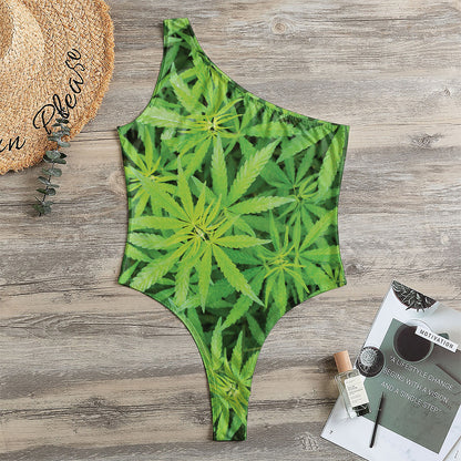 Green Pot Leaf Print One Shoulder Bodysuit
