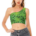 Green Pot Leaf Print One Shoulder Crop Top