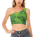 Green Pot Leaf Print One Shoulder Crop Top