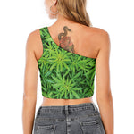 Green Pot Leaf Print One Shoulder Crop Top