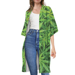 Green Pot Leaf Print Open Front Beach Cover Up