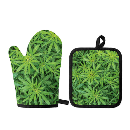 Green Pot Leaf Print Oven Mitt And Pot Holder Set