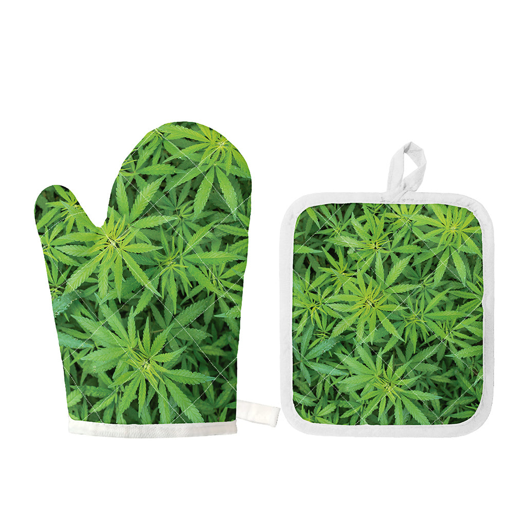 Green Pot Leaf Print Oven Mitt And Pot Holder Set