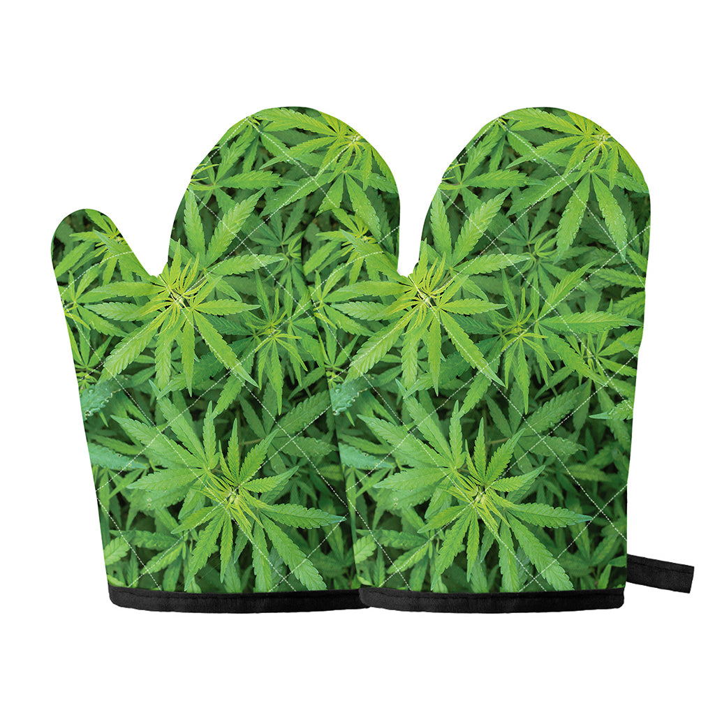 Green Pot Leaf Print Oven Mitts
