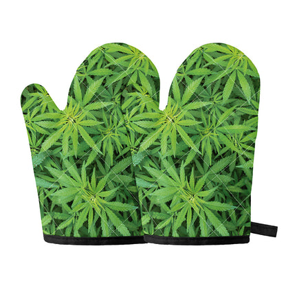 Green Pot Leaf Print Oven Mitts