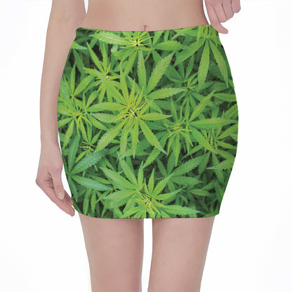 Green Pot Leaf Print Pencil Mini Skirt