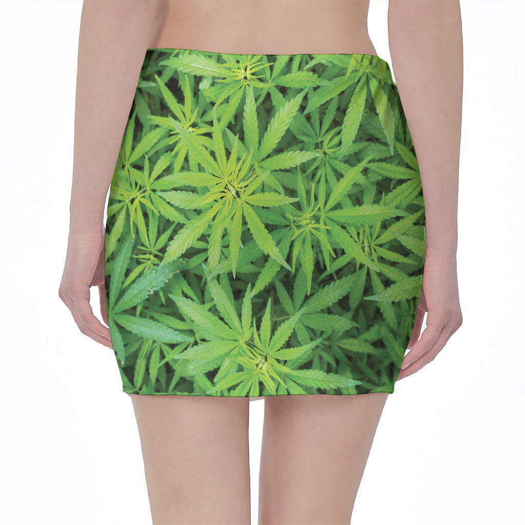 Green Pot Leaf Print Pencil Mini Skirt