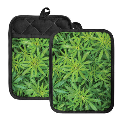 Green Pot Leaf Print Pot Holders With Pocket