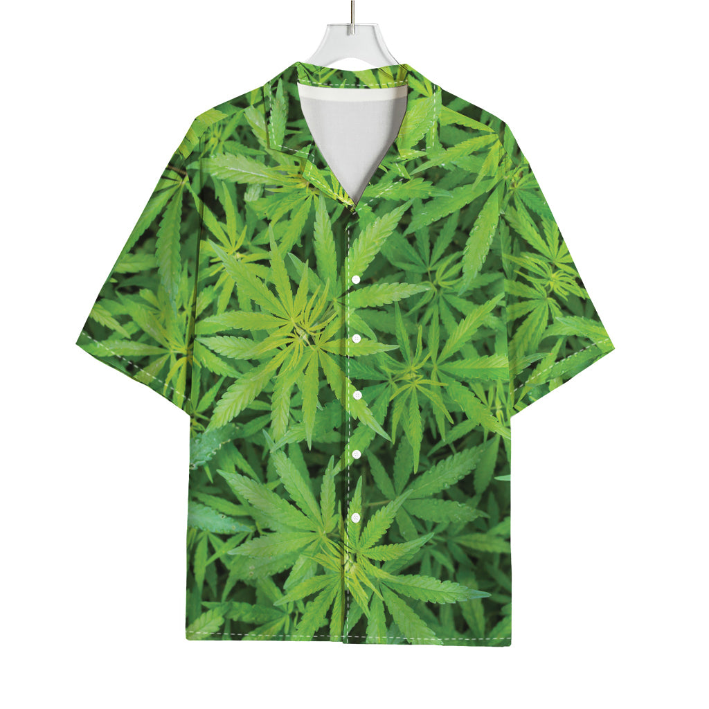 Green Pot Leaf Print Rayon Hawaiian Shirt
