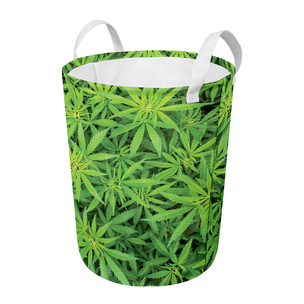 Green Pot Leaf Print Round Laundry Basket