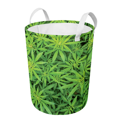 Green Pot Leaf Print Round Laundry Basket