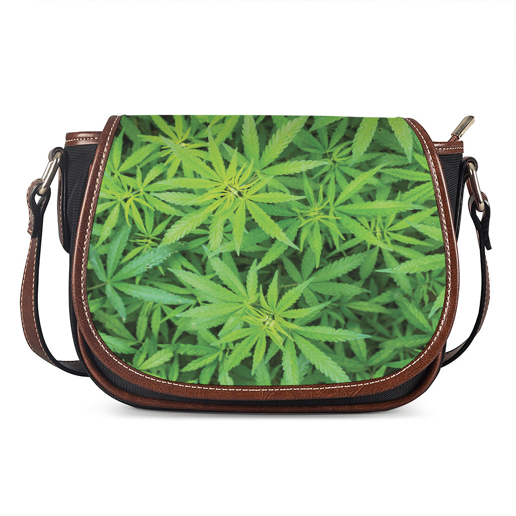 Green Pot Leaf Print Saddle Bag