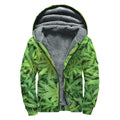 Green Pot Leaf Print Sherpa Lined Zip Up Hoodie