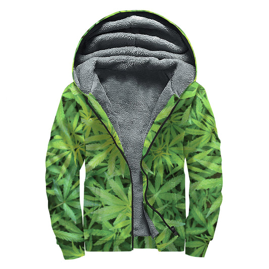 Green Pot Leaf Print Sherpa Lined Zip Up Hoodie