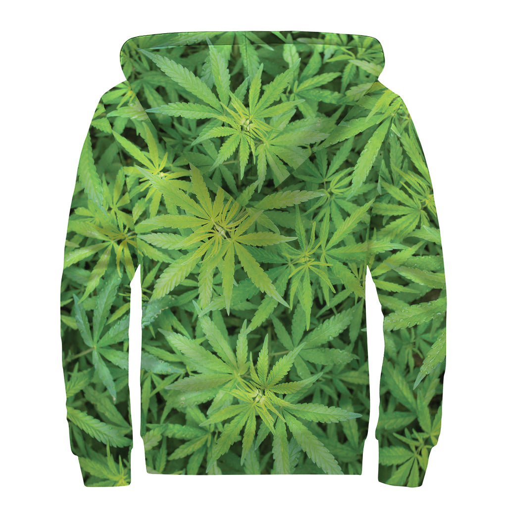 Green Pot Leaf Print Sherpa Lined Zip Up Hoodie