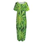 Green Pot Leaf Print Short Sleeve Long Nightdress
