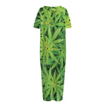Green Pot Leaf Print Short Sleeve Long Nightdress
