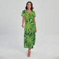 Green Pot Leaf Print Short Sleeve Maxi Dress