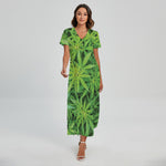 Green Pot Leaf Print Short Sleeve Maxi Dress