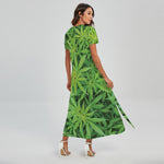 Green Pot Leaf Print Short Sleeve Maxi Dress