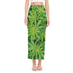 Green Pot Leaf Print Side Slit Maxi Skirt