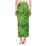 Green Pot Leaf Print Side Slit Maxi Skirt